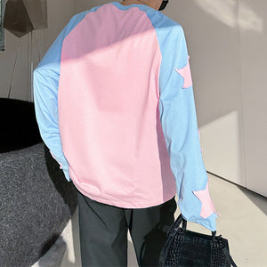 Contrast Color Round Neck Drop Sleeve Star Shirt