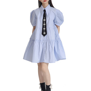 Tie Puff Sleeve Casual Shirt Dress