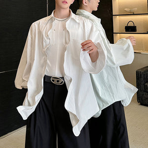 Oversized Pleated Striped Quarter-sleeve Shirt