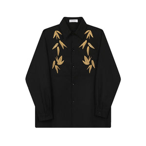 Maple Leaf Embroidered Vintage Lapel Long Sleeve Shirt