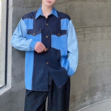 Load image into Gallery viewer, Denim Patchwork Contrasting Lapel Shirt
