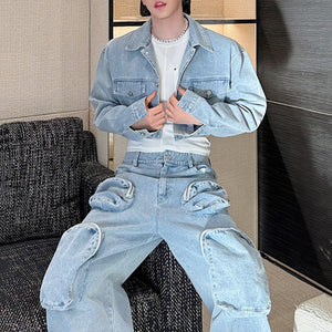 Denim Three-dimensional Multi-pocket Short Jacket and Wide-leg Trousers Two-piece Set