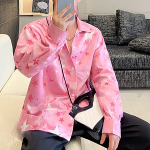 Star Print Pink Casual Lapel Long Sleeve Shirt