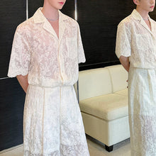 Load image into Gallery viewer, Lace Translucent Short-sleeved Shirt and Pants Suit
