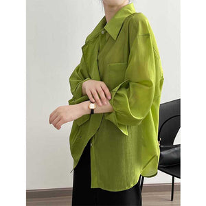 Ladies Solid Color Tencel Ruffle Trim Long Sleeve Shirt