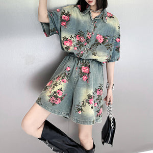 Floral Denim Retro Casual Suit