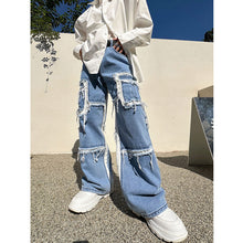 Load image into Gallery viewer, Whiskered Denim Wide-leg Straight Floor-length Trousers
