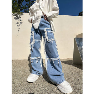 Whiskered Denim Wide-leg Straight Floor-length Trousers