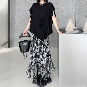 Pleated Irregular Butterfly Sleeves Round Neck T-shirt