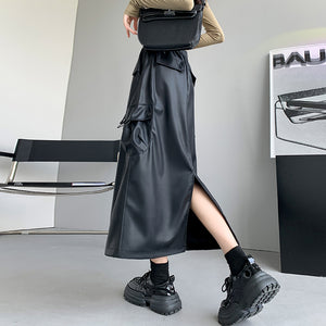 Retro Slit A-line Pu Mid-length Leather Skirt