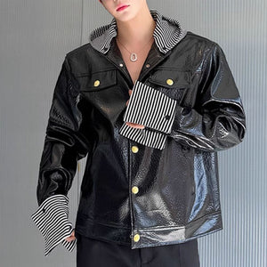 Patent Leather Glossy Detachable Striped Hooded Jacket