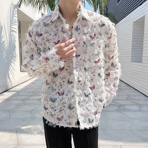 Butterfly Print Raw Edge Loose Casual Long-sleeved Shirt