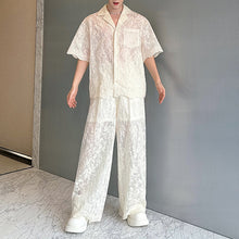 Load image into Gallery viewer, Lace Translucent Short-sleeved Shirt and Pants Suit
