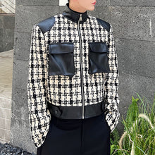 Load image into Gallery viewer, Patchwork Leather Stand Collar Wool Plaid Short Jacket
