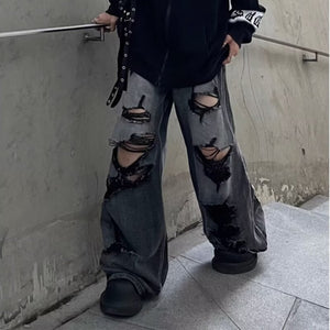 Ripped Denim Distressed Loose Straight-Leg Pants