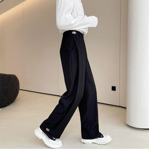 Metal Button Embellished Draped Wide-leg Trousers