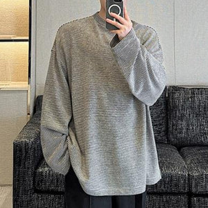 Dark Striped Loose-fitting Knitted Long-sleeved T-shirt