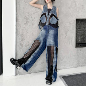 Patchwork Mesh Baggy Jeans