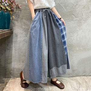 Color Block Denim Wide Leg Pants