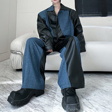 Load image into Gallery viewer, PU Leather Patchwork Contrast Color Jacket Wide-leg Pants Suit
