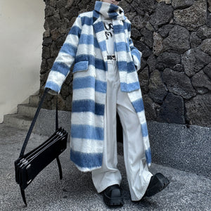 Striped Scarf Over-the-knee Wool Coat