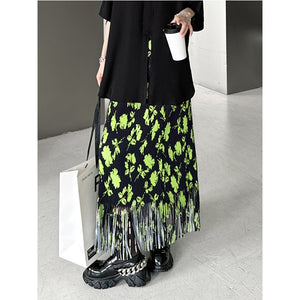 Loose Peated Printed Fringe Skirt