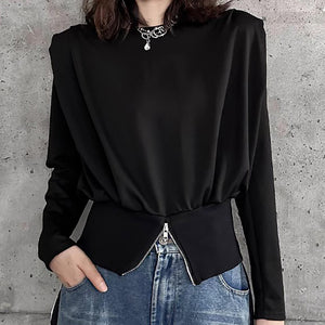 Solid Shoulder Pad Long Sleeve T-shirt