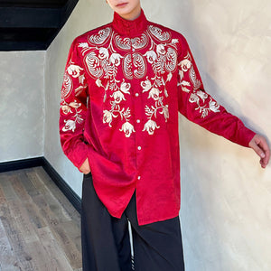 Retro Floral Embroidered Stand Collar Shirt