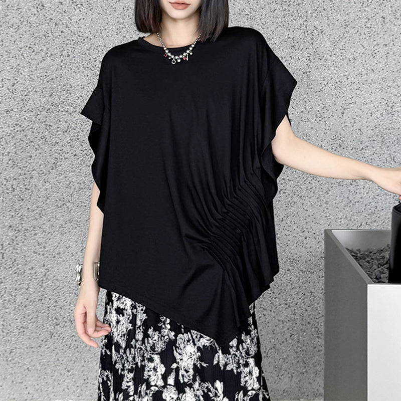 Pleated Irregular Butterfly Sleeves Round Neck T-shirt