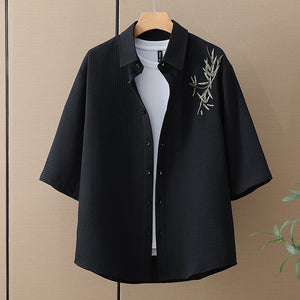 Bamboo Leaf Embroidered Casual Waffle Short Sleeve Suit