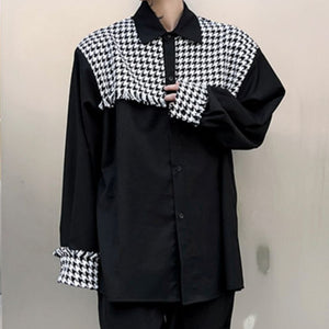 Houndstooth Frayed Panel Long Sleeve Shirt