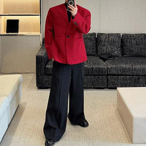 Retro Red Collarless Woolen Thickened Suit Jacket