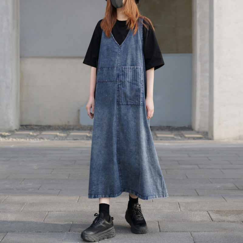 Retro Sleeveless Denim V-Neck Dress