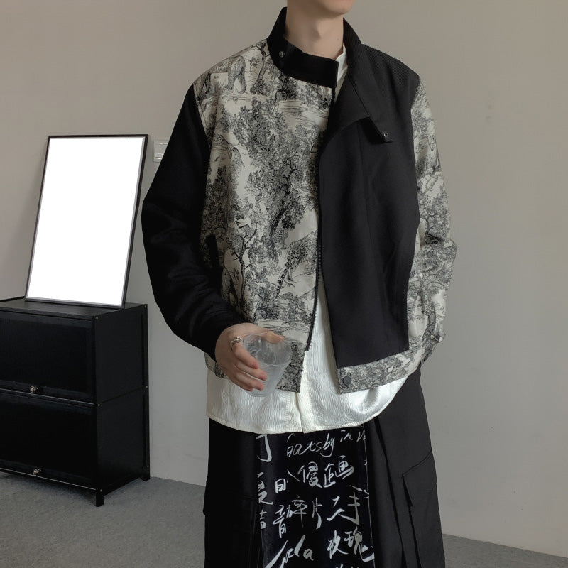 Spliced Stand Collar Ink Painting Jacquard Loose Jacket