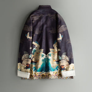 Stand Collar Disc Button Retro Pattern Print Jacket