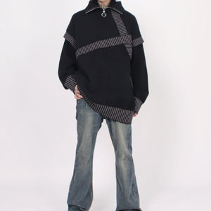 Retro Lazy Patchwork Half-zip Lapel Sweater