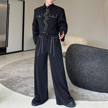 Load image into Gallery viewer, Retro Wave Topstitch Embroidery Short Jacket Straight Wide-Leg Pants Two-Piece Set
