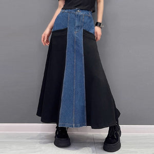 Loose Casual Denim Patchwork A-line Skirt