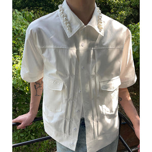 Pearl-embellished Collar Short-sleeve Shirt