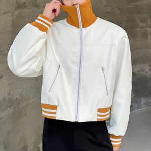 Contrast Color White PU Leather Jacket with Large Lapels