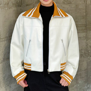 Contrast Color White PU Leather Jacket with Large Lapels