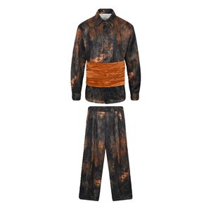 Jacquard Tie-dye Long-sleeved Shirt Wide-leg Trousers Velvet Girdle Three-piece Set