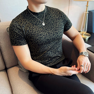 Leopard Print Slim Fit Half Turtleneck T-shirt