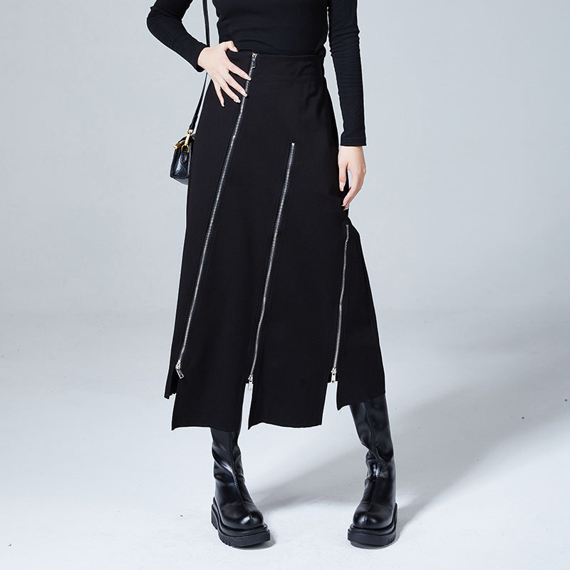 Black Irregular Zipper Slit Skirt