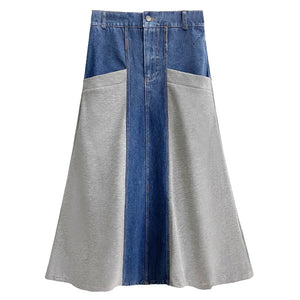 Loose Casual Denim Patchwork A-line Skirt