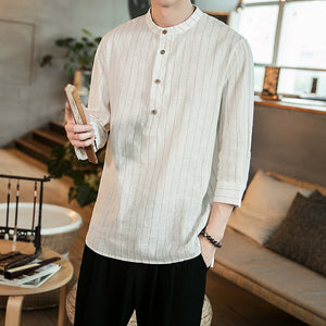 Striped Cotton And Linen Three-quarter Sleeve Shirt