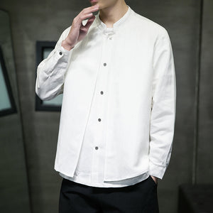 Cotton and Linen Stand Collar Shirt