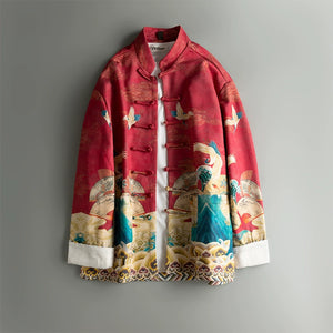 Stand Collar Disc Button Retro Pattern Print Jacket