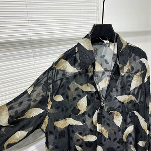 Irregular Cut-out Feather Print Casual Shirt