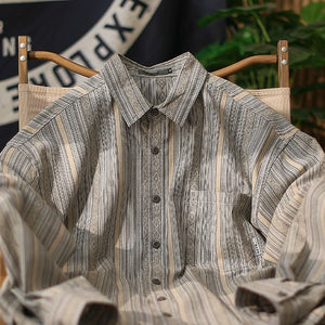 Striped Point Collar Cargo Loose Shirt